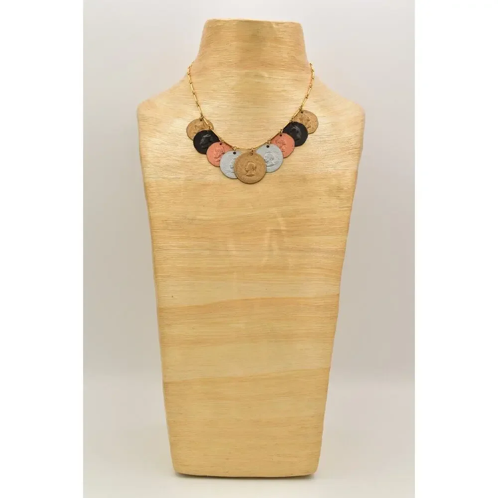 Vintage Coin Collar Necklace Multi-Tone Metal Dangle Silver Copper Gold BinA17